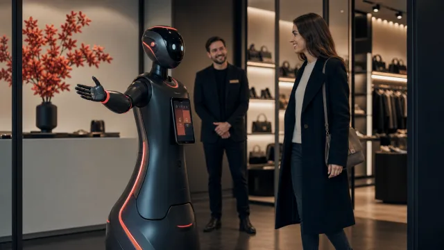 Robot social à tablette dans un espace d’accueil commercial