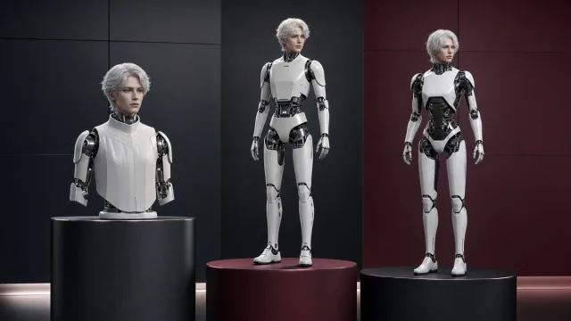 Trois variantes de robots humanoïdes UWORLD U1 présentées dans un studio comparatif